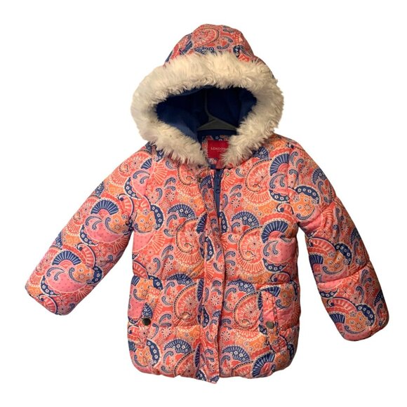 London Fog Girls Size 5 6 Winter Ski Coat Full Zip Pink Orange Paisley Puffer Pu - Picture 1 of 5